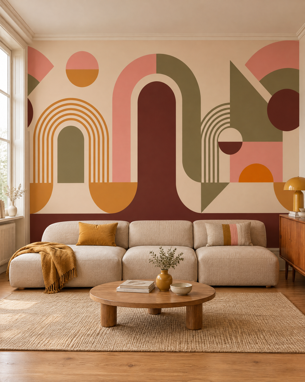 Arcs et cercles solaires, papier peint panoramique dans un salon : visuel d'ambiance illustratif
