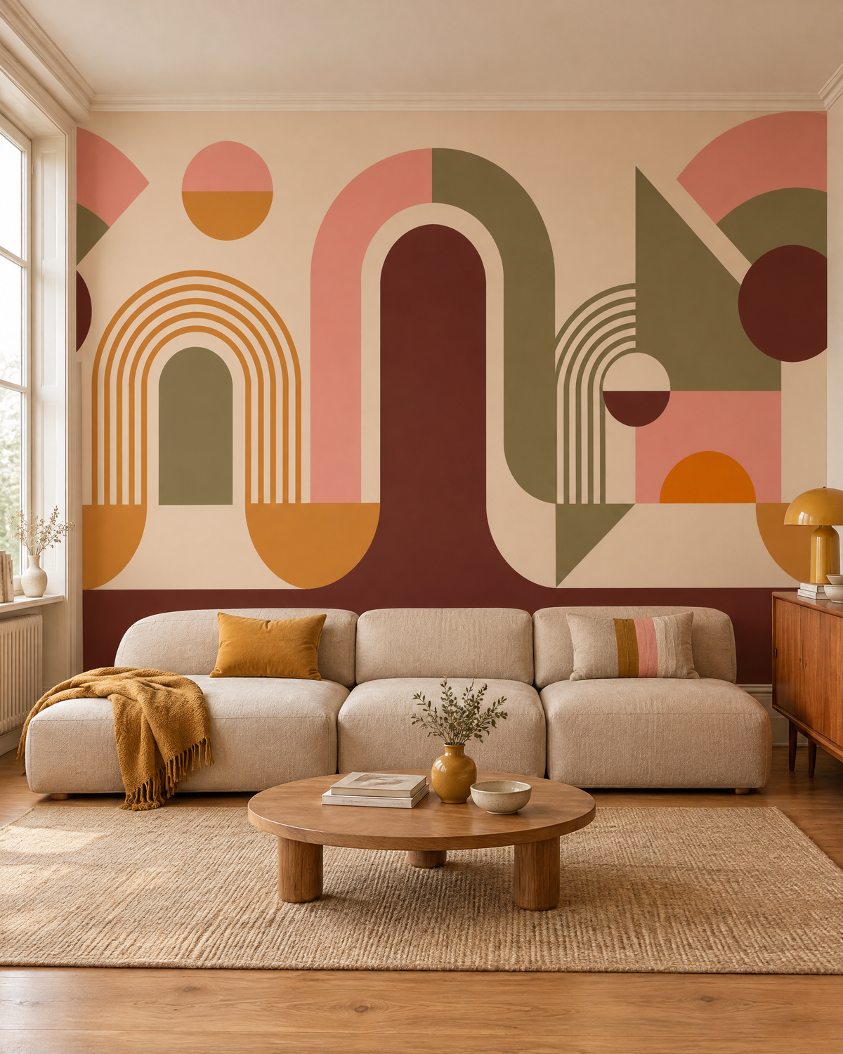 Arcs et cercles solaires, papier peint panoramique dans un salon : visuel d'ambiance illustratif