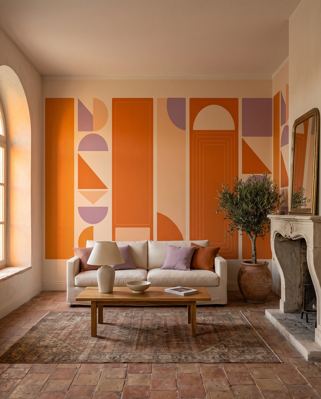 Colonnes orangées, papier peint panoramique dans un salon : visuel d'ambiance illustratif