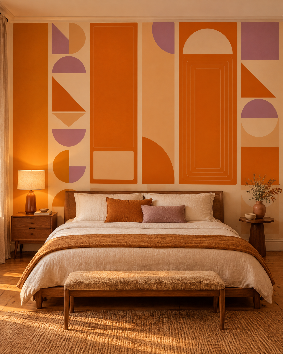 Colonnes orangées, papier peint panoramique dans une chambre : visuel d'ambiance illustratif