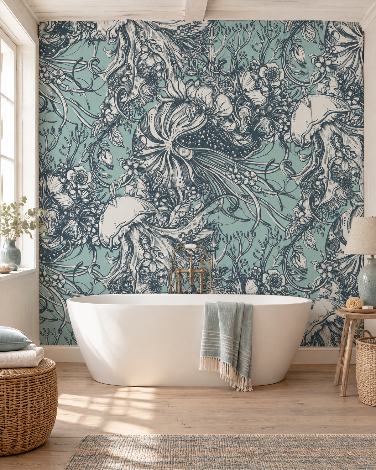 Rêverie marine, papier peint panoramique dans une salle de bain : visuel d'ambiance illustratif