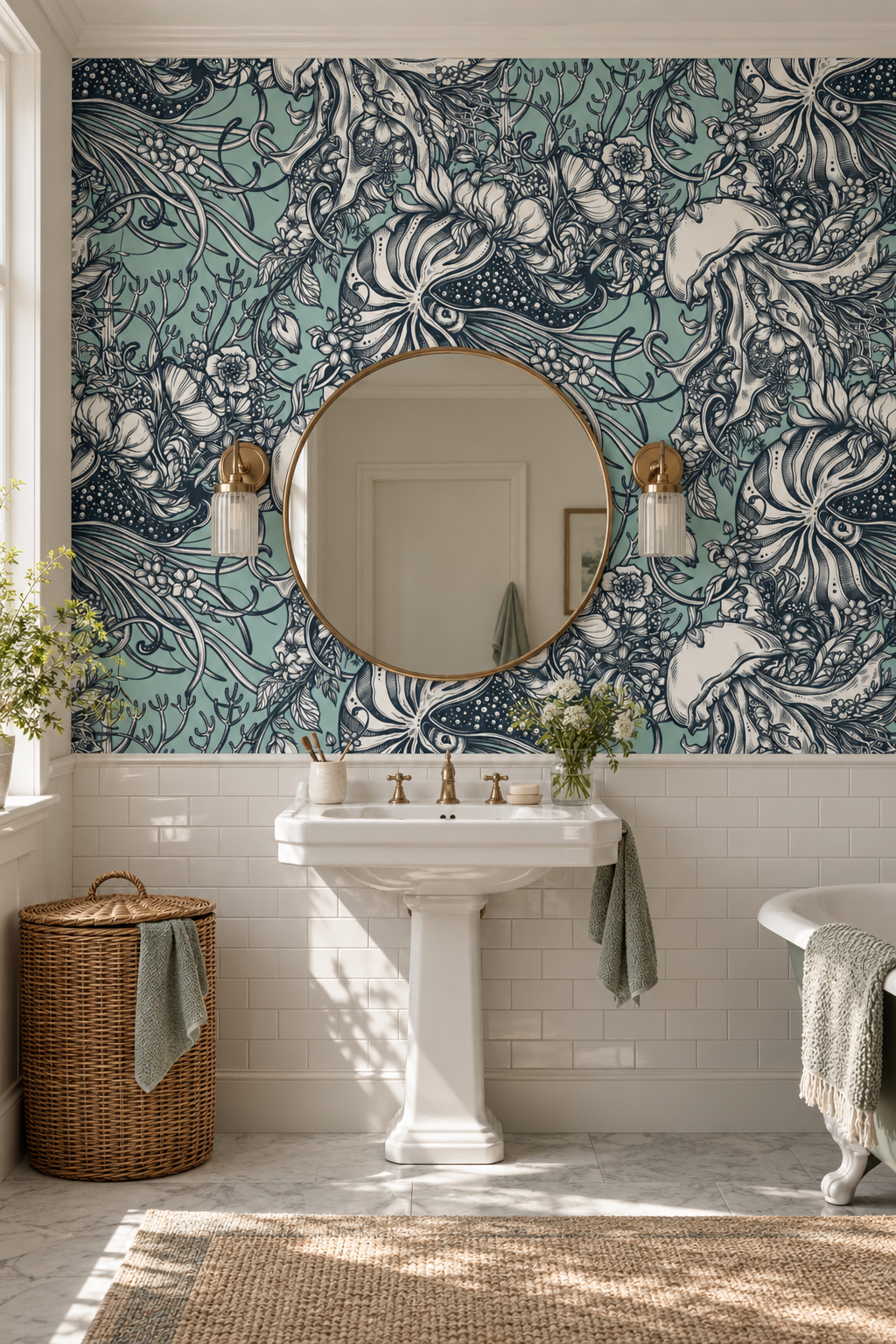Rêverie marine, papier peint panoramique dans une salle de bain : visuel d'ambiance illustratif