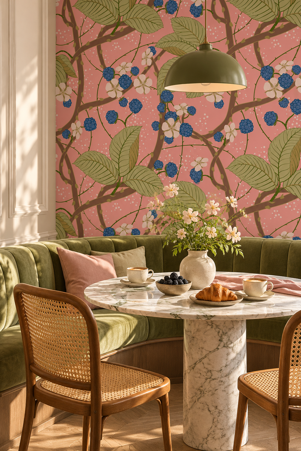 Ronces en fleurs, papier peint panoramique dans une salle à manger : visuel d'ambiance illustratif