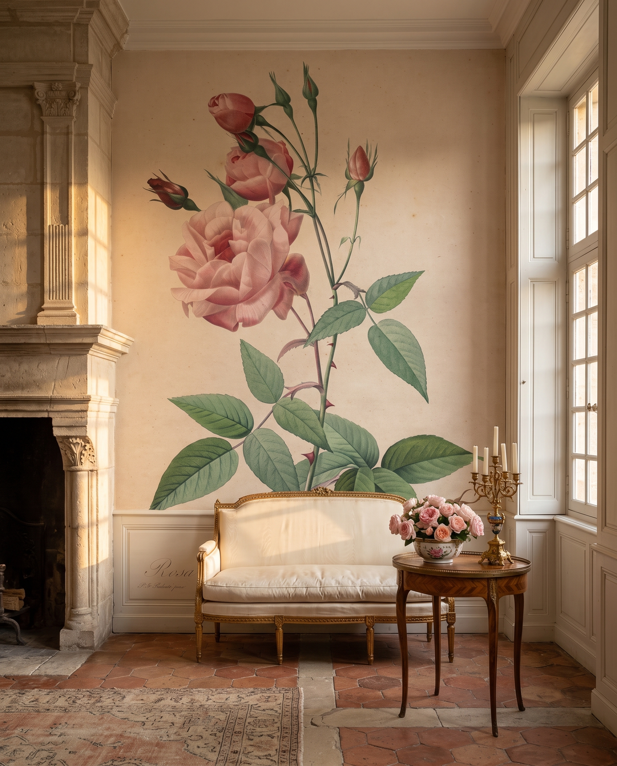 Les Roses de Redouté, papier peint panoramique dans un salon : visuel d'ambiance illustratif