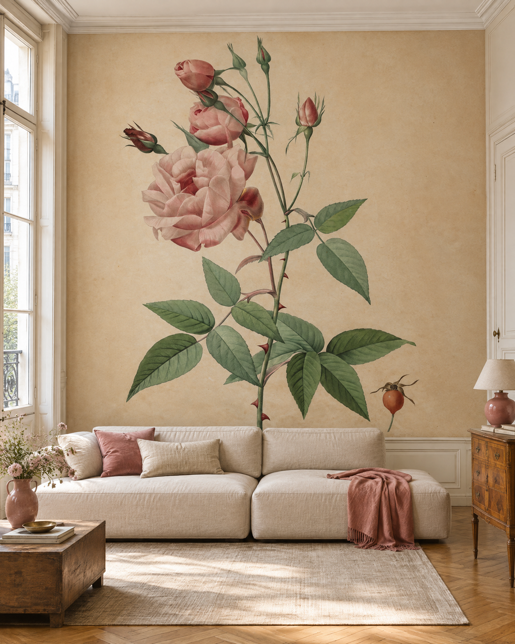 Les Roses de Redouté, papier peint panoramique dans un salon : visuel d'ambiance illustratif