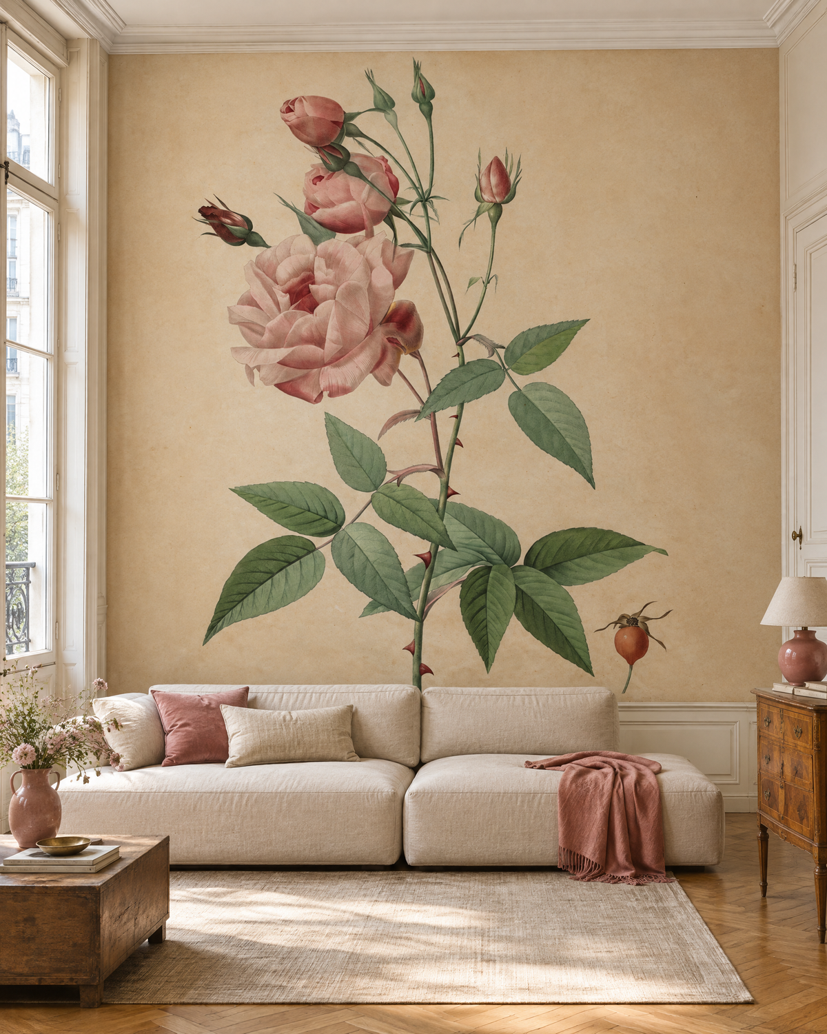 Les Roses de Redouté, papier peint panoramique dans un salon : visuel d'ambiance illustratif