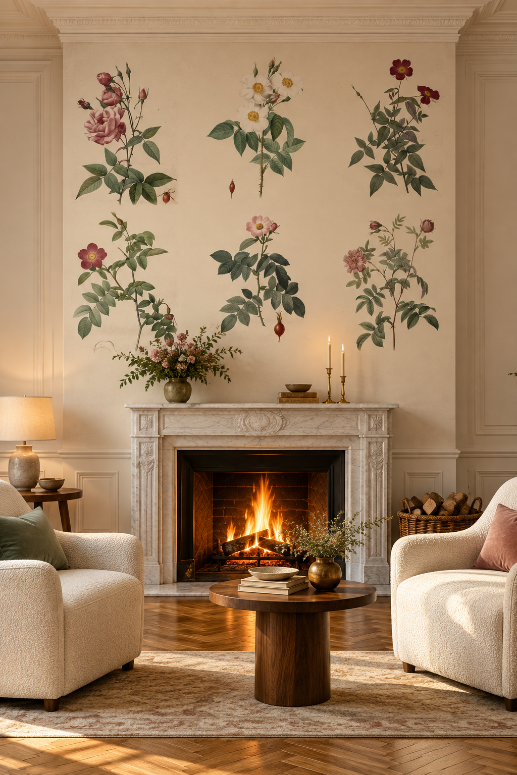 Les Roses de Redouté, papier peint panoramique dans un salon : visuel d'ambiance illustratif