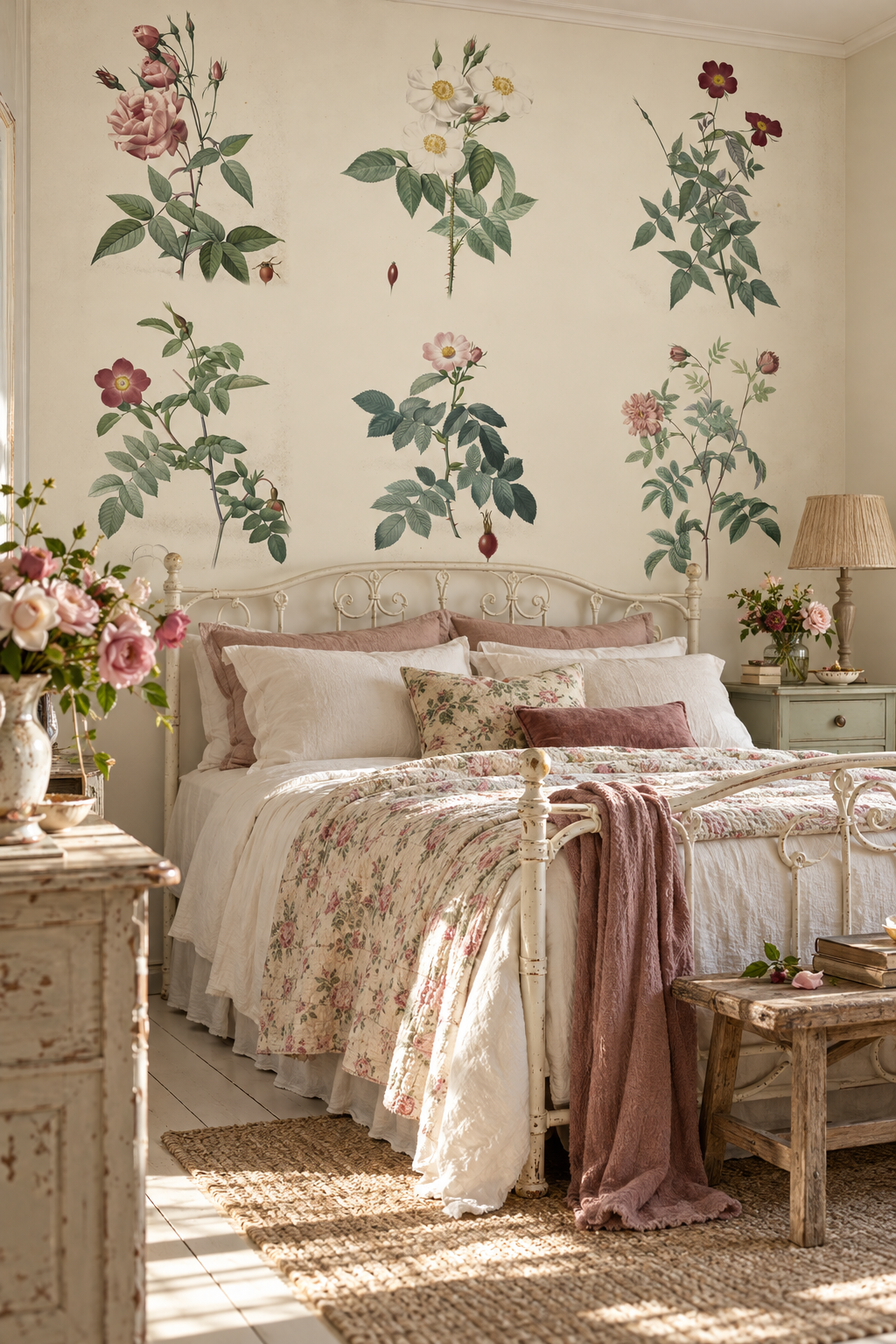 Les Roses de Redouté, papier peint panoramique dans une chambre : visuel d'ambiance illustratif