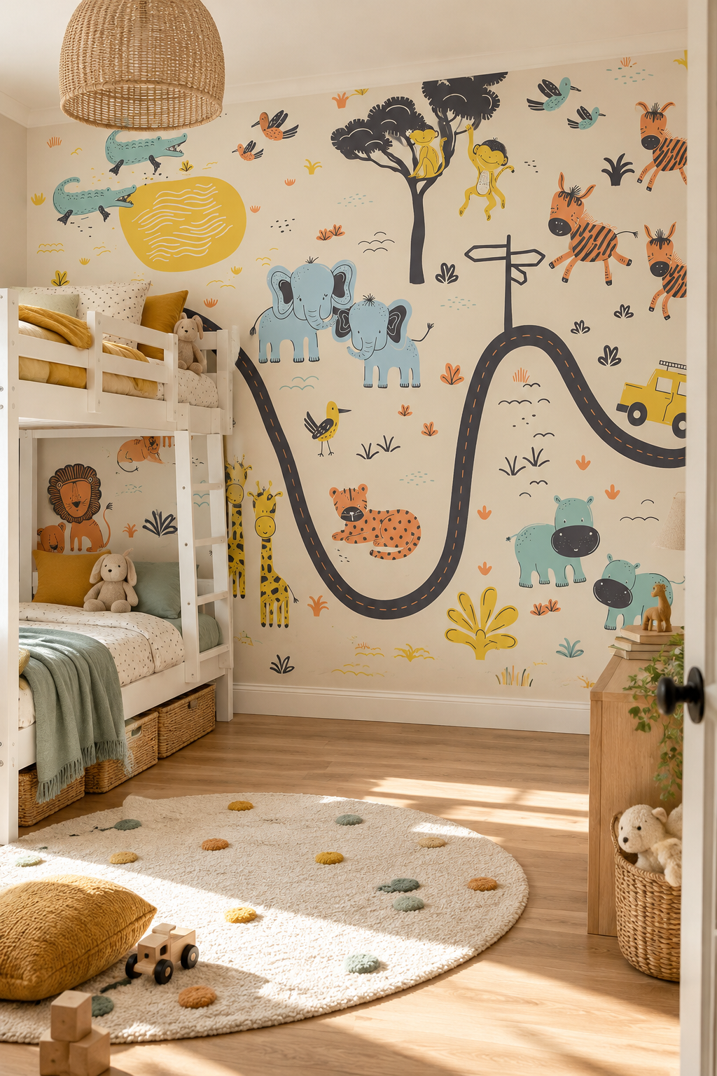 Cap sur la savane, papier peint panoramique dans une chambre d'enfant : visuel d'ambiance illustratif