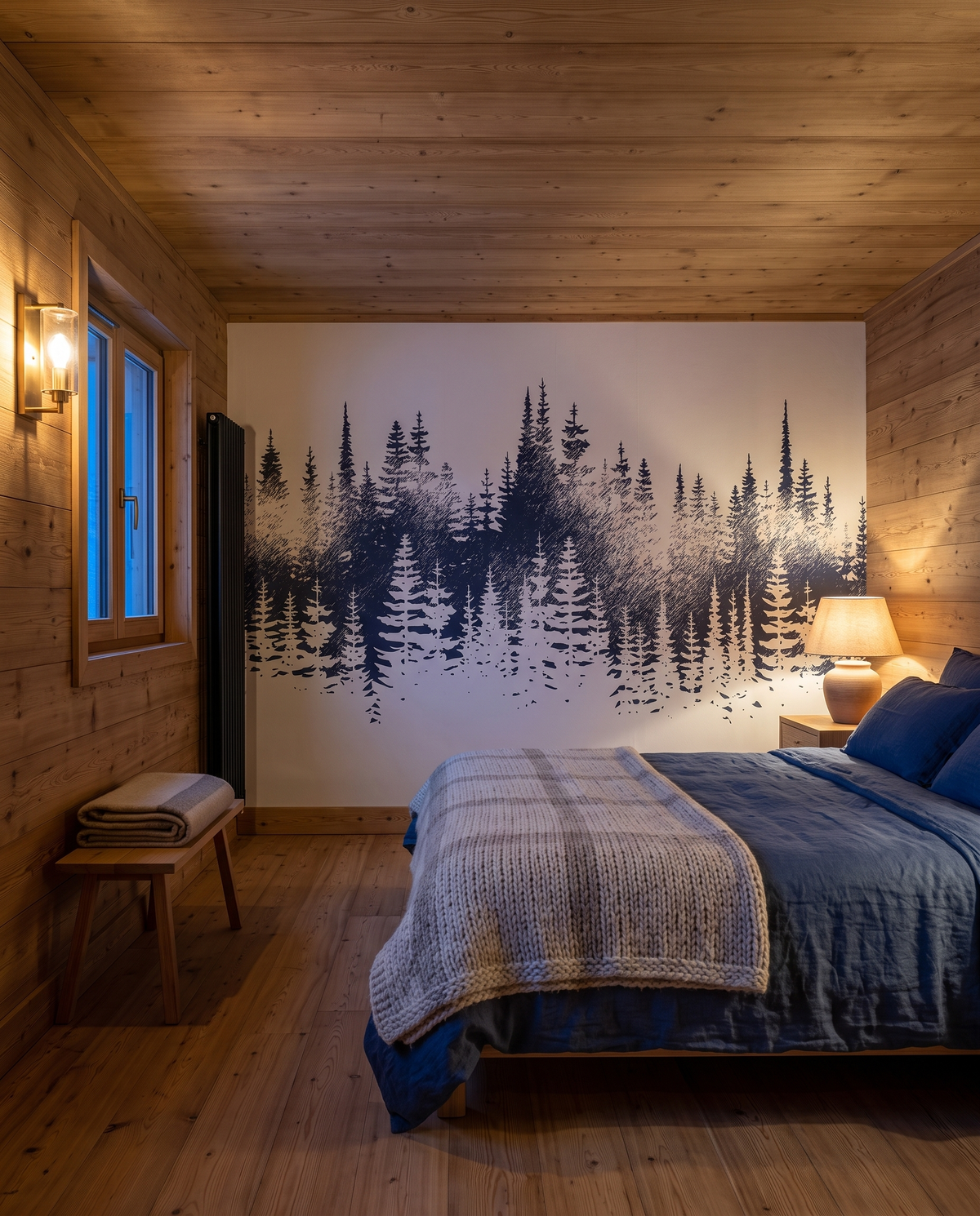 Sapins bleu nuit, papier peint panoramique dans une chambre : visuel d'ambiance illustratif