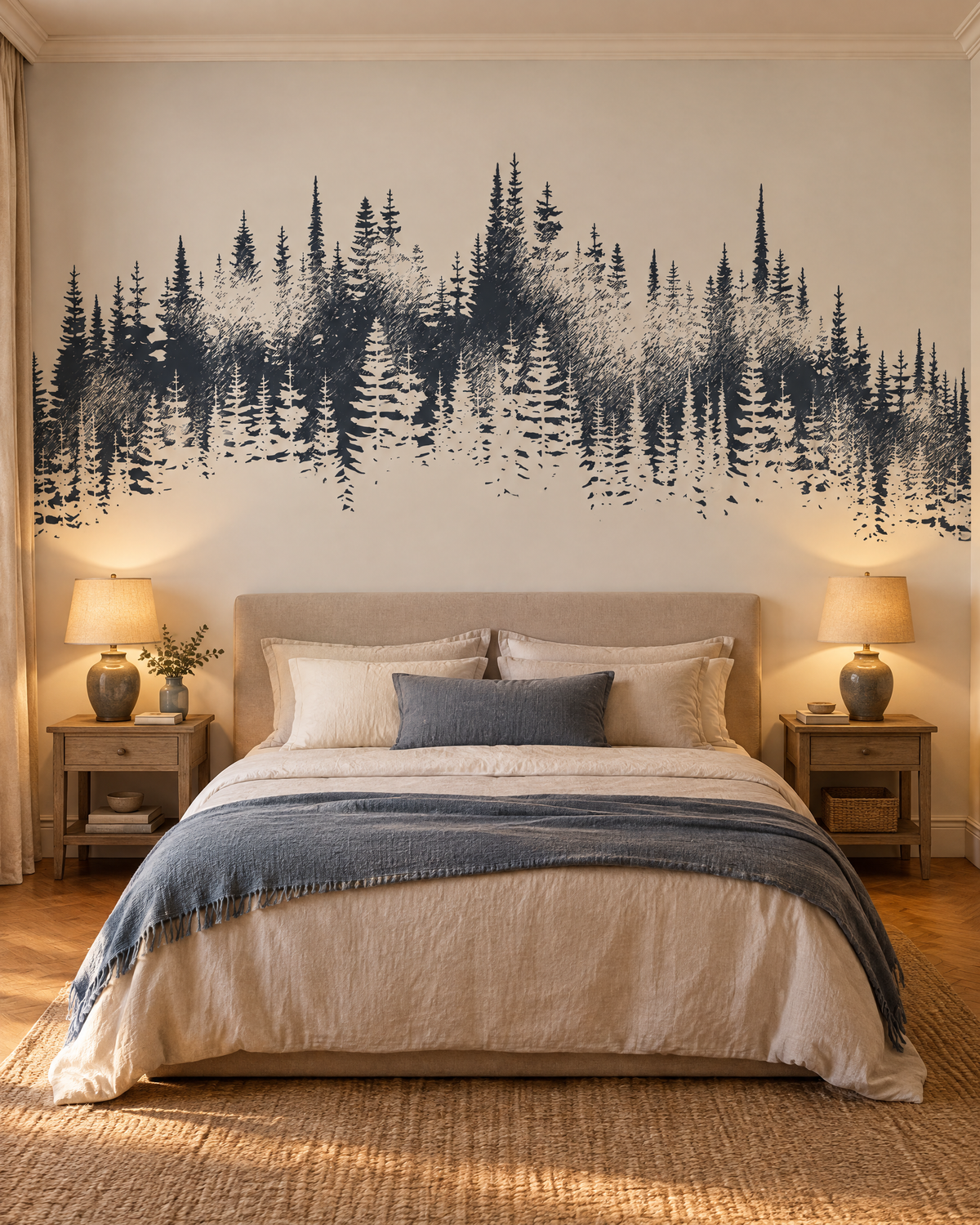 Sapins bleu nuit, papier peint panoramique dans une chambre : visuel d'ambiance illustratif