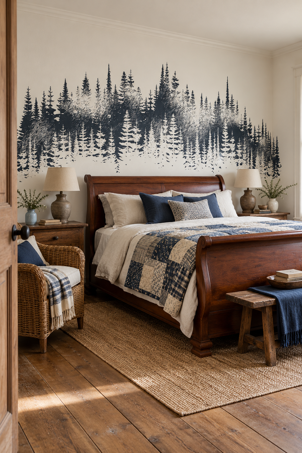 Sapins bleu nuit, papier peint panoramique dans une chambre : visuel d'ambiance illustratif