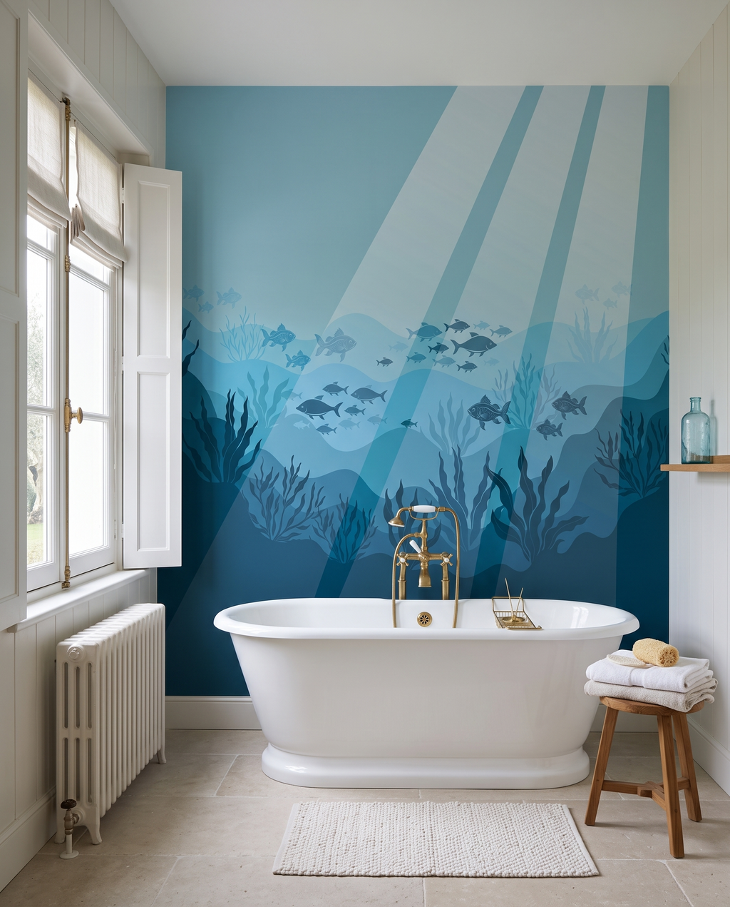 Sérénité sous l'eau, papier peint panoramique dans une salle de bain : visuel d'ambiance illustratif