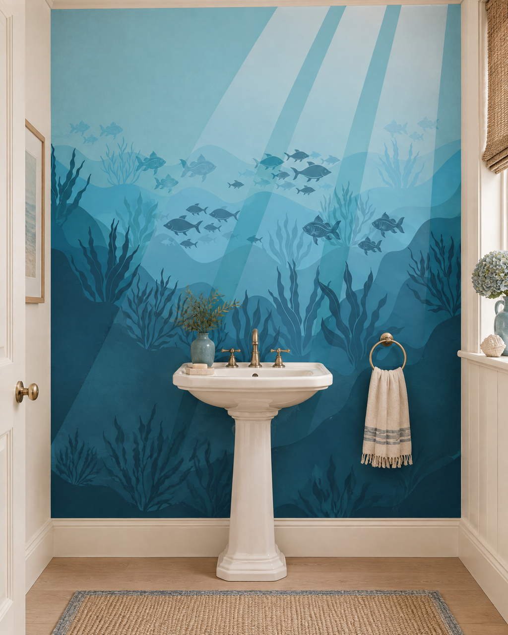 Sérénité sous l'eau, papier peint panoramique dans une salle de bain : visuel d'ambiance illustratif