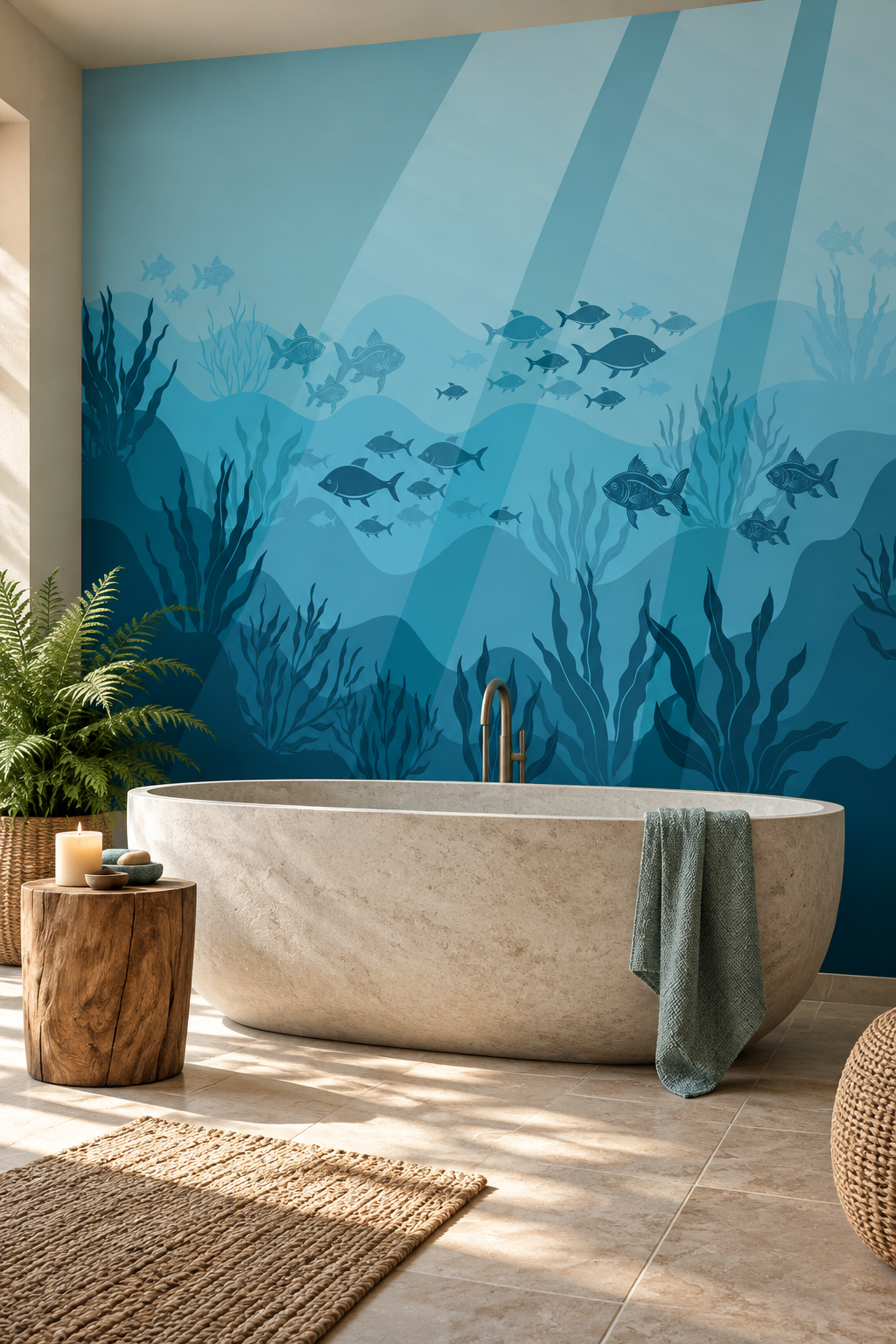 Sérénité sous l'eau, papier peint panoramique dans une salle de bain : visuel d'ambiance illustratif