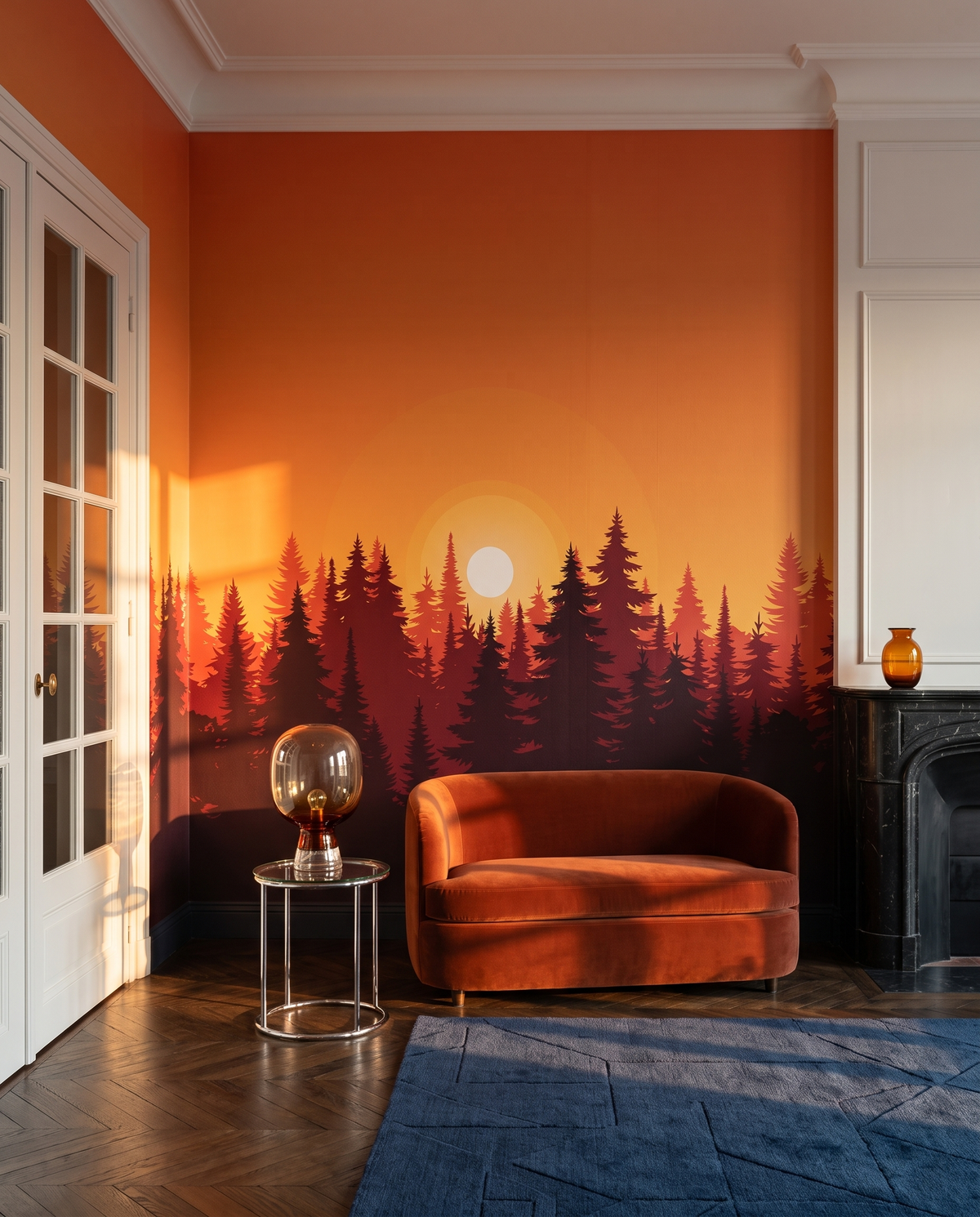 Silhouettes au soleil couchant, papier peint panoramique dans un salon : visuel d'ambiance illustratif