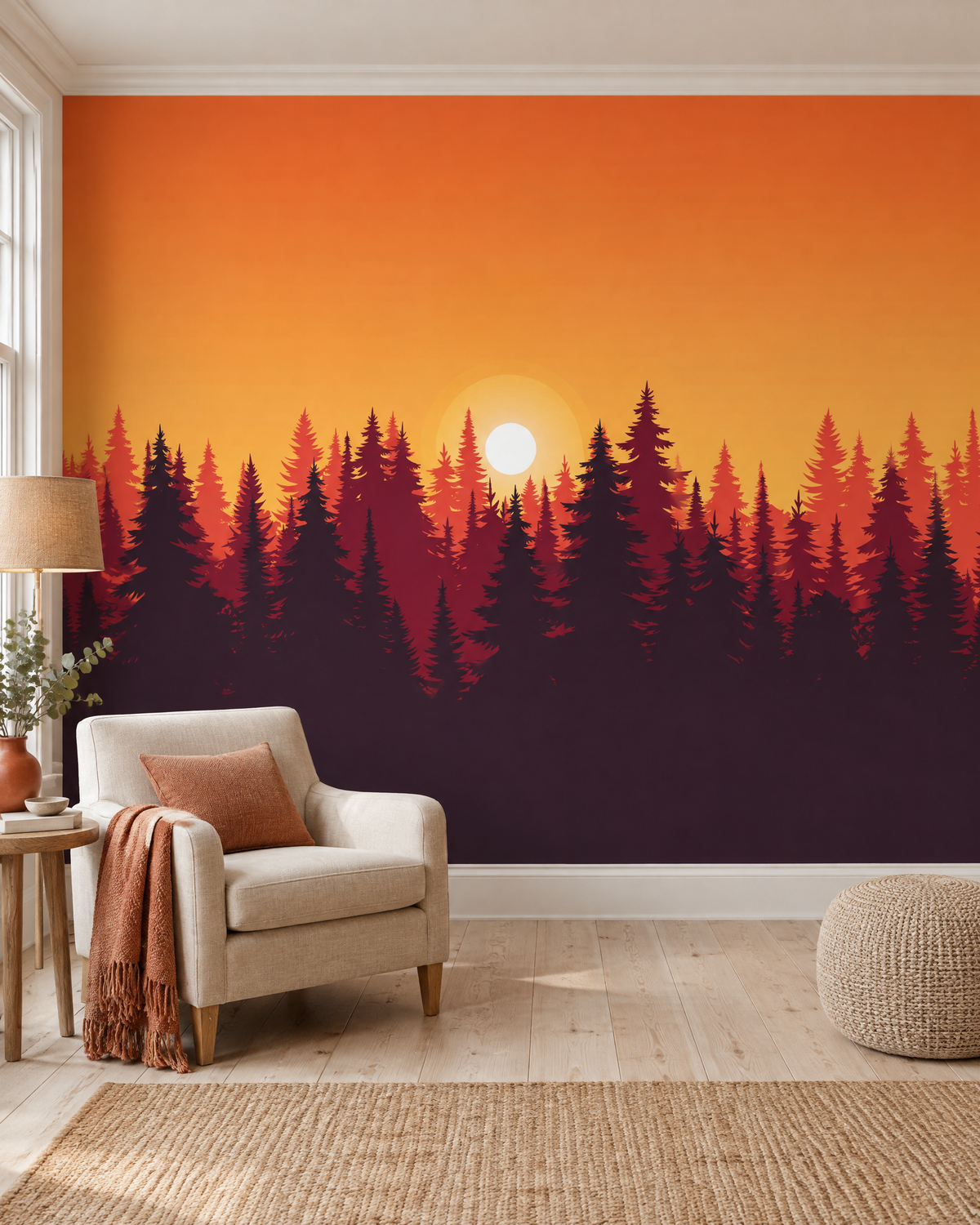 Silhouettes au soleil couchant, papier peint panoramique dans un salon : visuel d'ambiance illustratif
