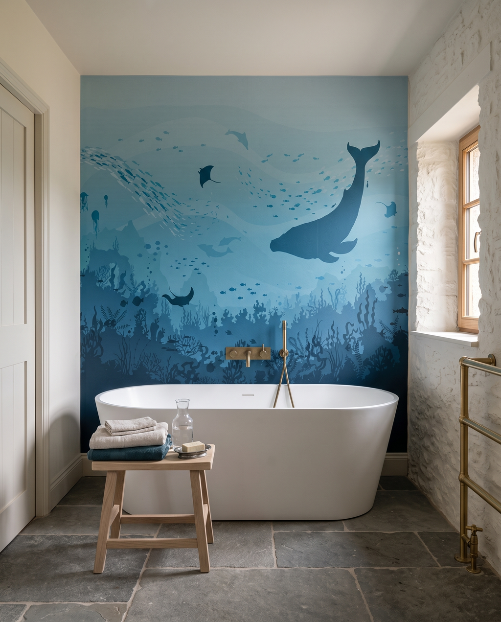 Silhouettes marines, papier peint panoramique dans une salle de bain : visuel d'ambiance illustratif