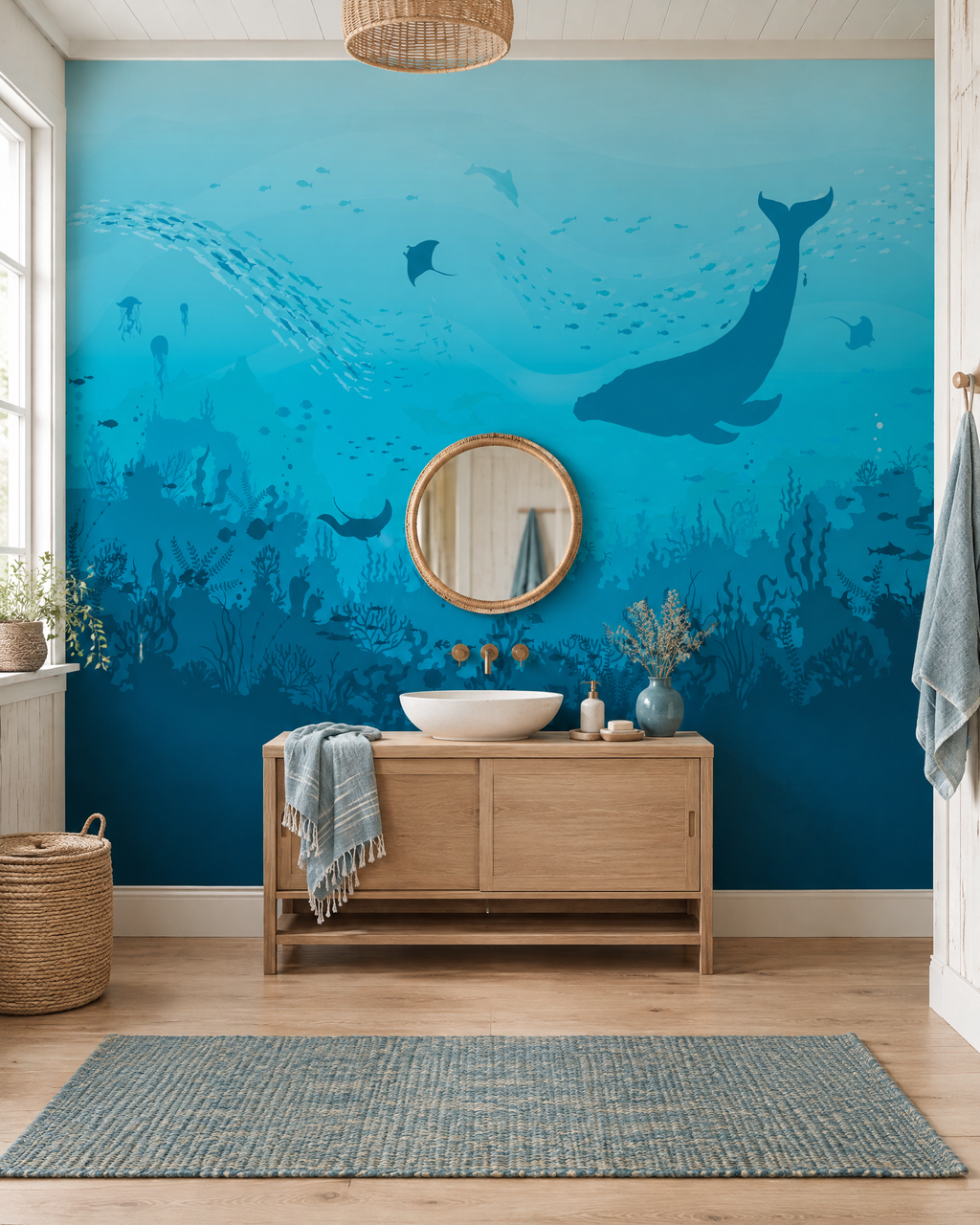 Silhouettes marines, papier peint panoramique dans une salle de bain : visuel d'ambiance illustratif