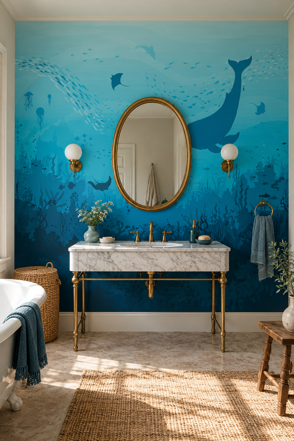 Silhouettes marines, papier peint panoramique dans une salle de bain : visuel d'ambiance illustratif