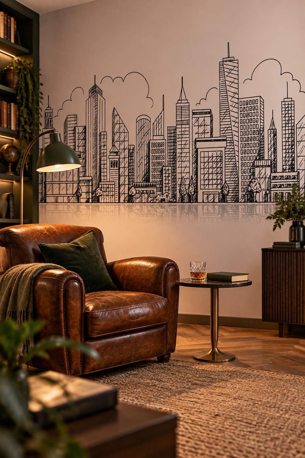 Skyline au crayon, papier peint panoramique dans un bureau : visuel d'ambiance illustratif