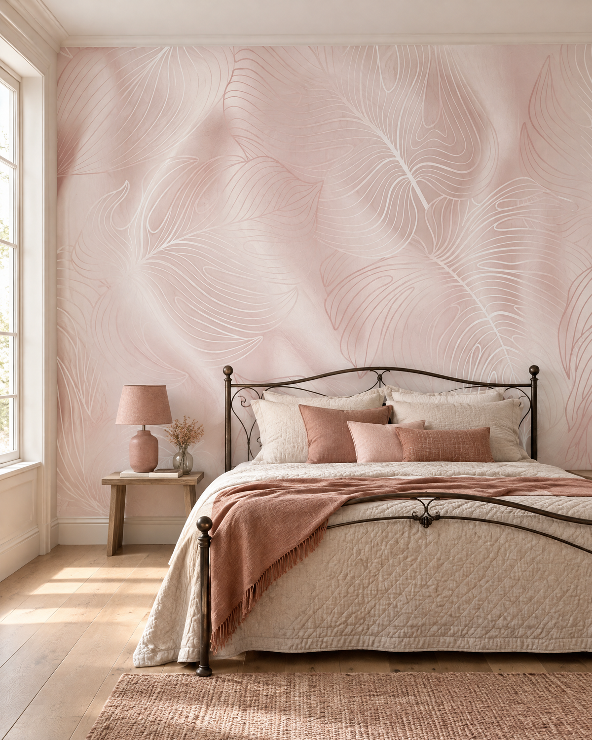Soie blush, papier peint panoramique dans une chambre : visuel d'ambiance illustratif
