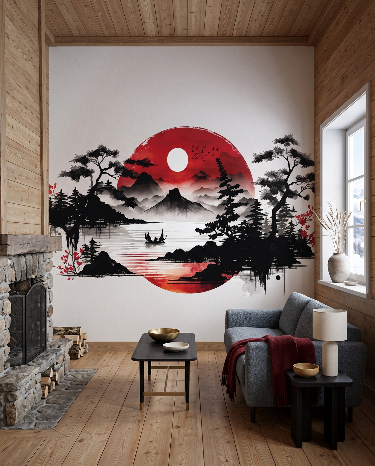 Soleil levant rouge, papier peint panoramique dans un salon : visuel d'ambiance illustratif