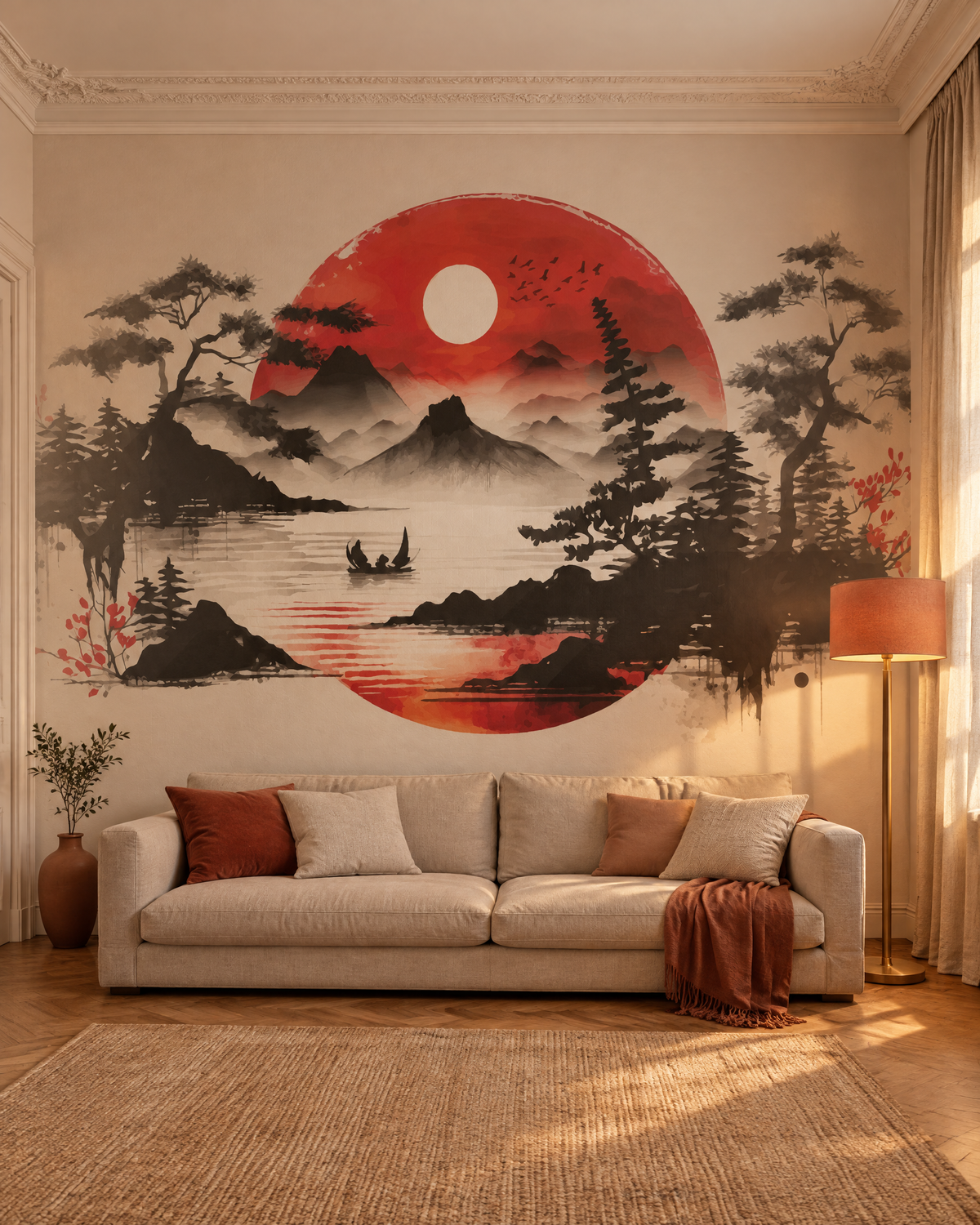 Soleil levant rouge, papier peint panoramique dans un salon : visuel d'ambiance illustratif