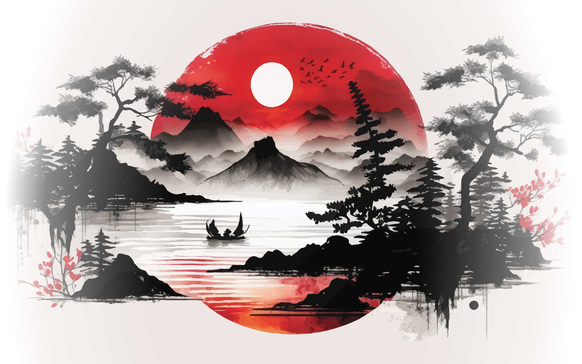 Papier peint panoramique Soleil levant rouge : le décor à plat