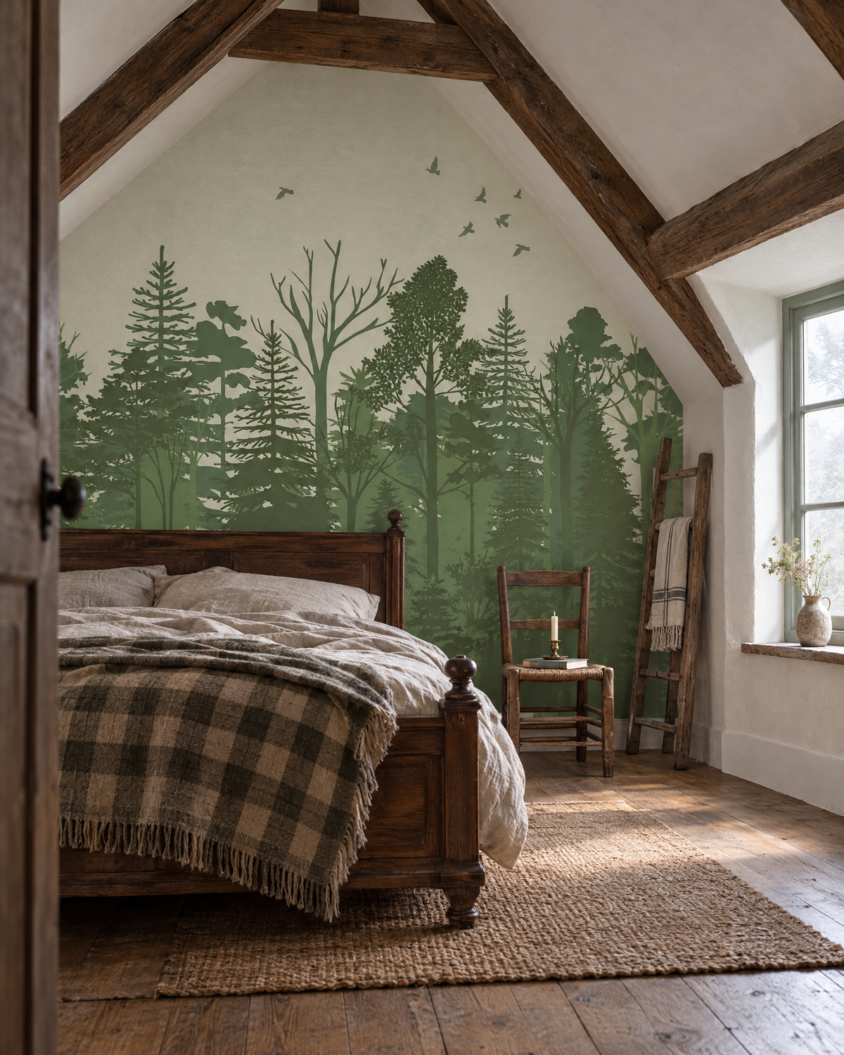 Sous-bois sauge, papier peint panoramique dans une chambre sous les toits : visuel d'ambiance illustratif