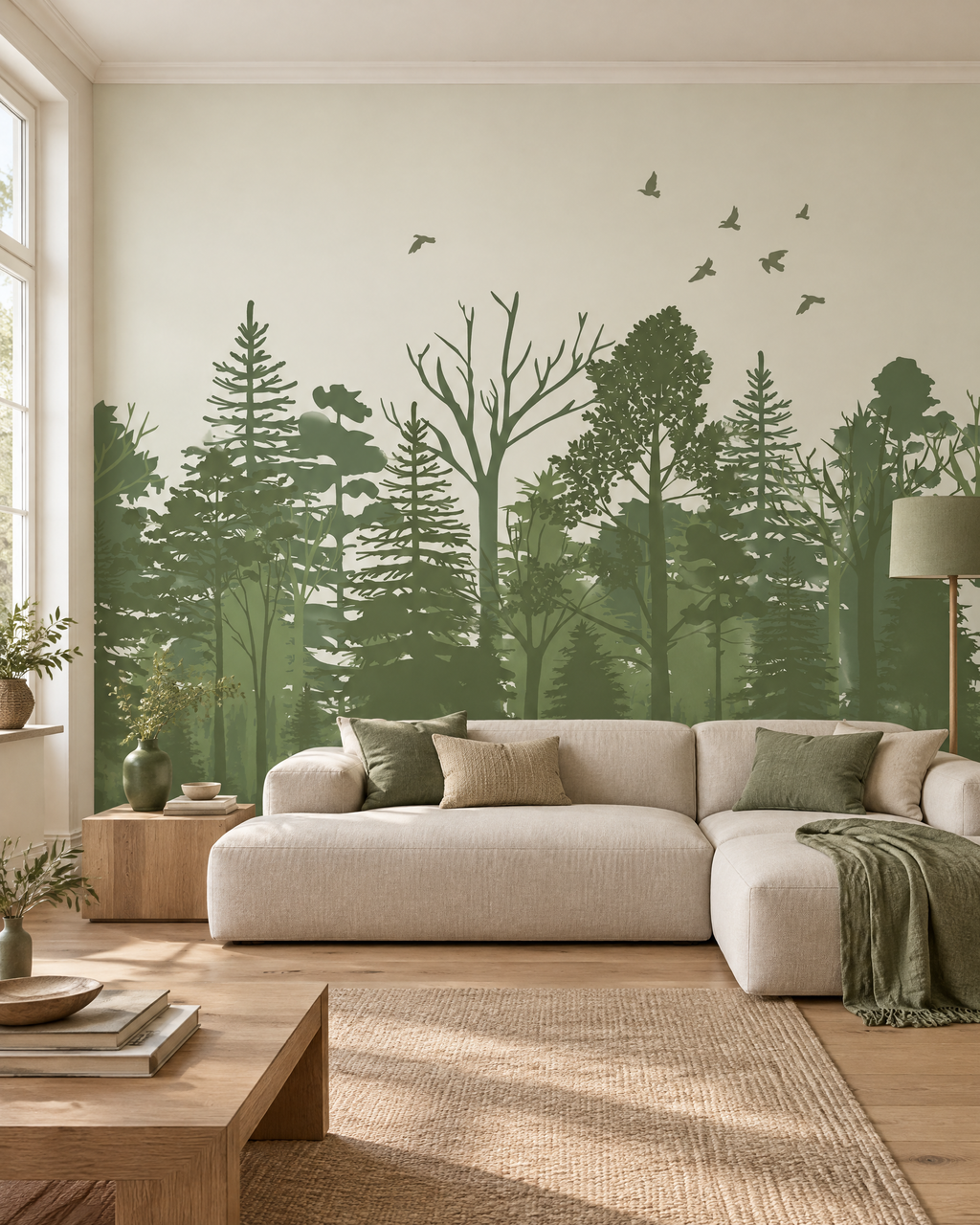 Sous-bois sauge, papier peint panoramique dans un salon : visuel d'ambiance illustratif
