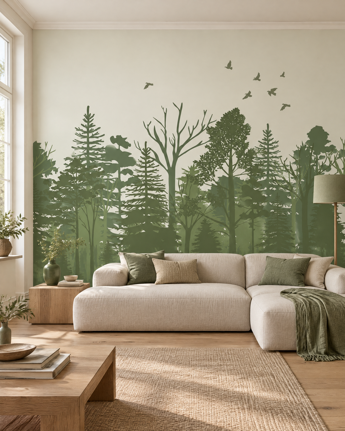 Sous-bois sauge, papier peint panoramique dans un salon : visuel d'ambiance illustratif