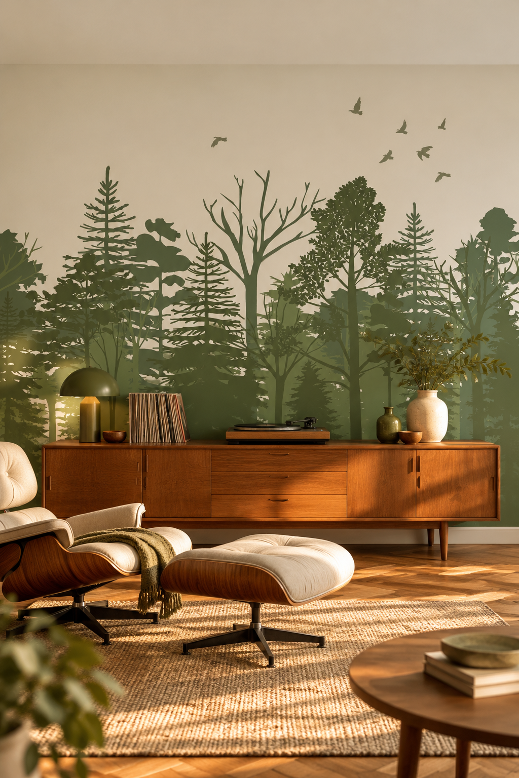 Sous-bois sauge, papier peint panoramique dans un salon : visuel d'ambiance illustratif