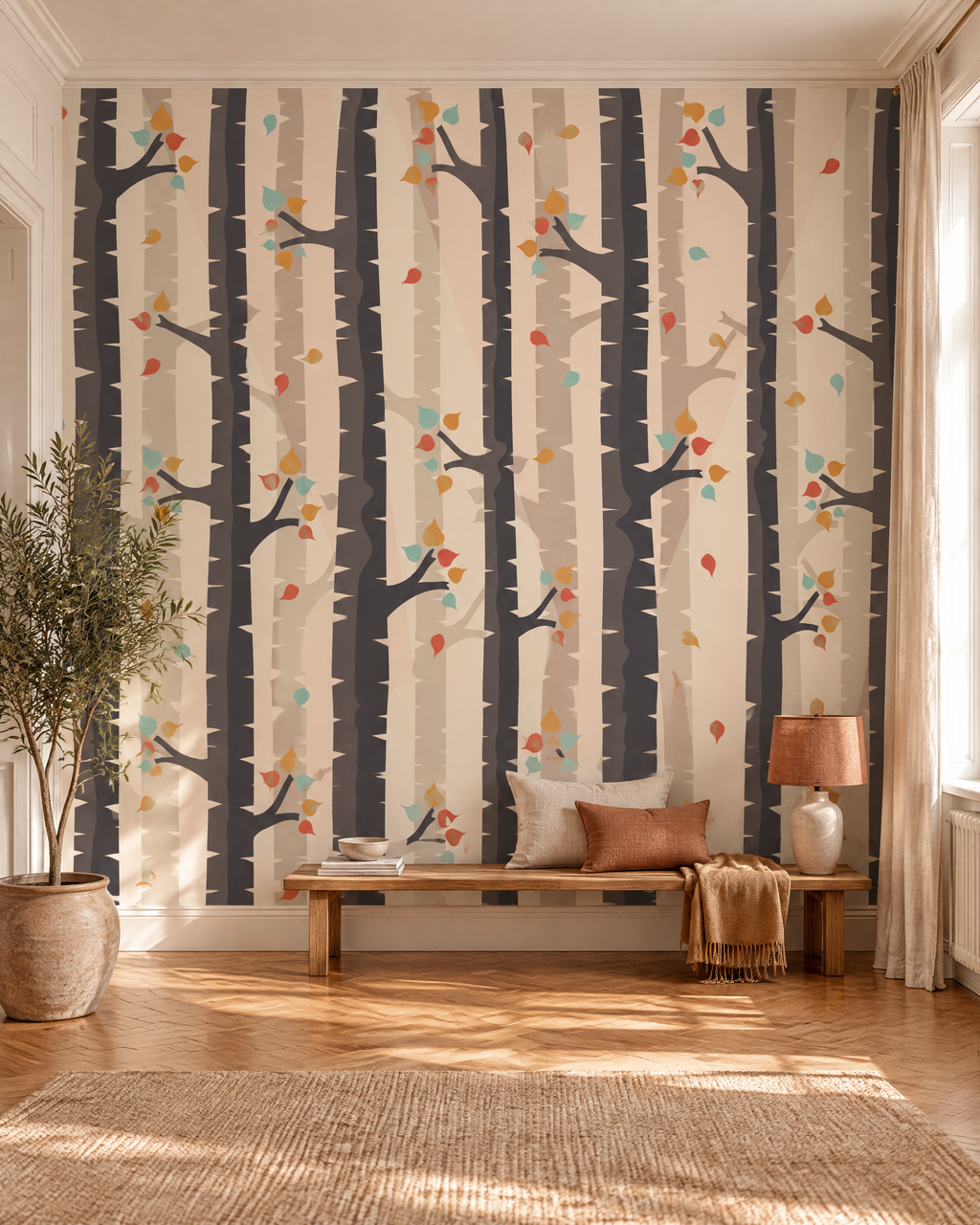 Sous les arbres roux, papier peint panoramique dans un salon : visuel d'ambiance illustratif