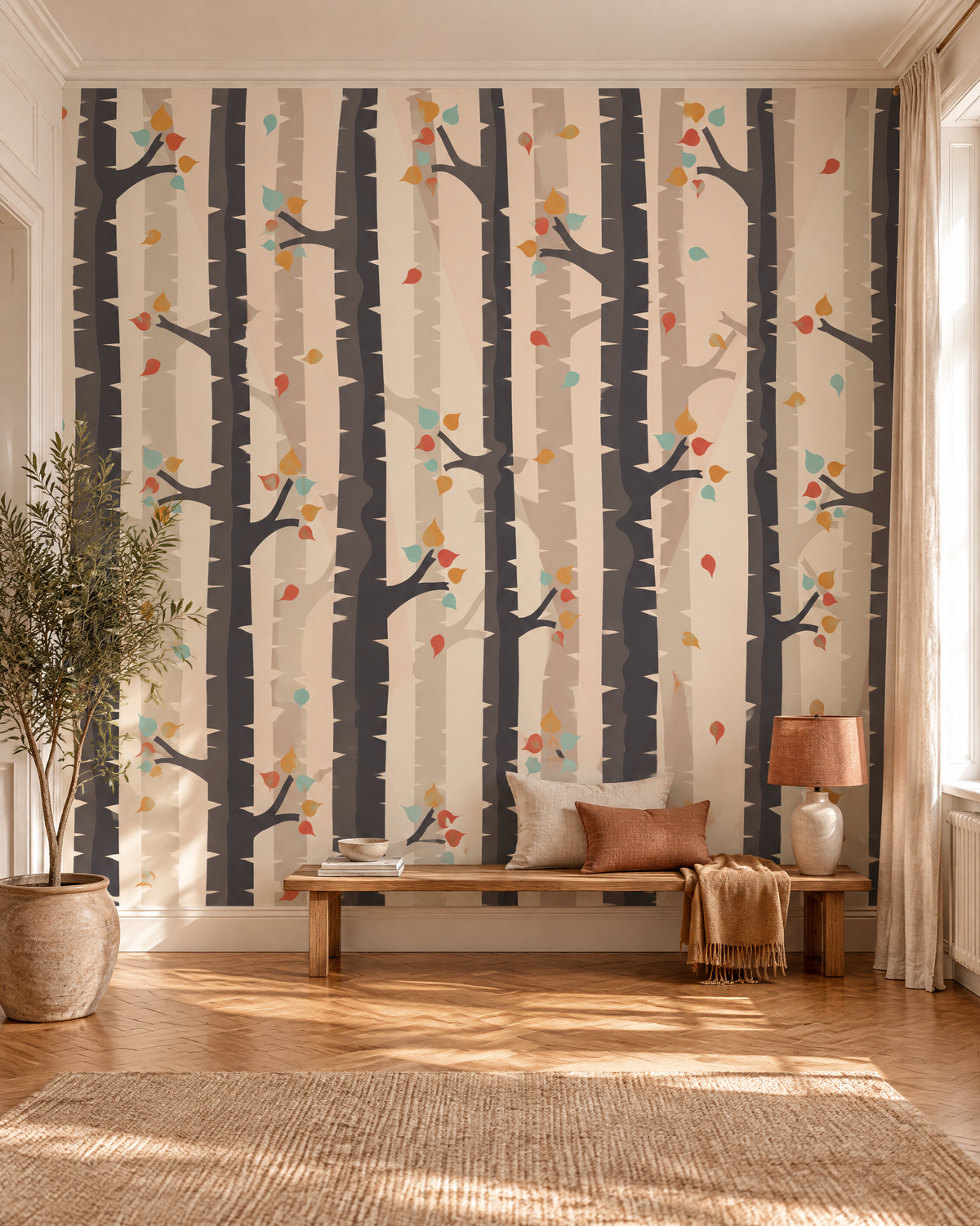 Sous les arbres roux, papier peint panoramique dans un salon : visuel d'ambiance illustratif