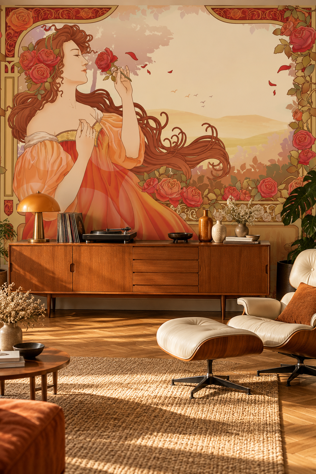 Sous les arbres roux, papier peint panoramique dans une chambre d'enfant : visuel d'ambiance illustratif