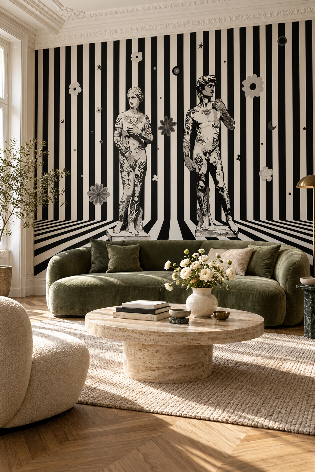 Statues à l'encre, papier peint panoramique dans un salon : visuel d'ambiance illustratif