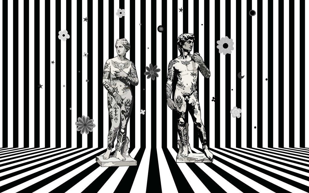 Papier peint panoramique Statues à l'encre : le décor à plat
