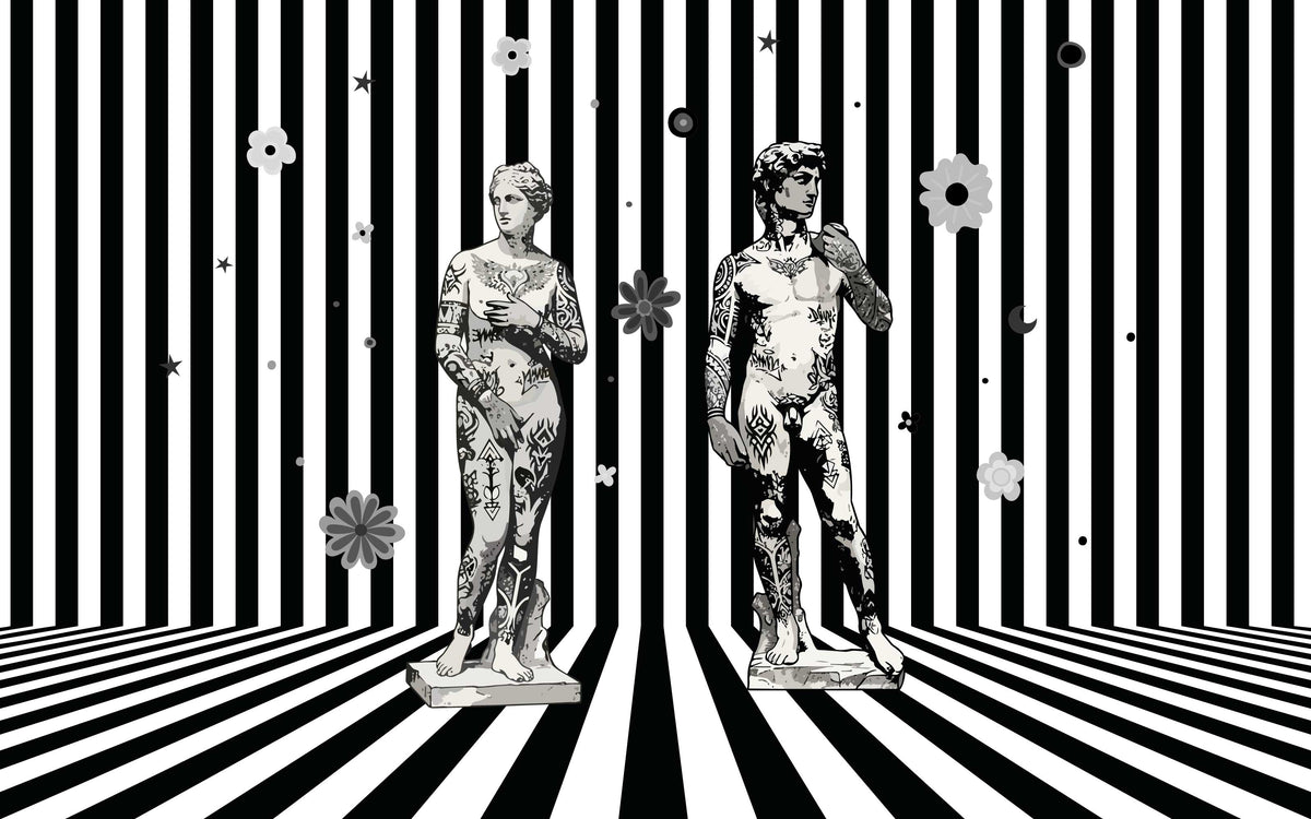 Papier peint panoramique Statues à l'encre : le décor à plat