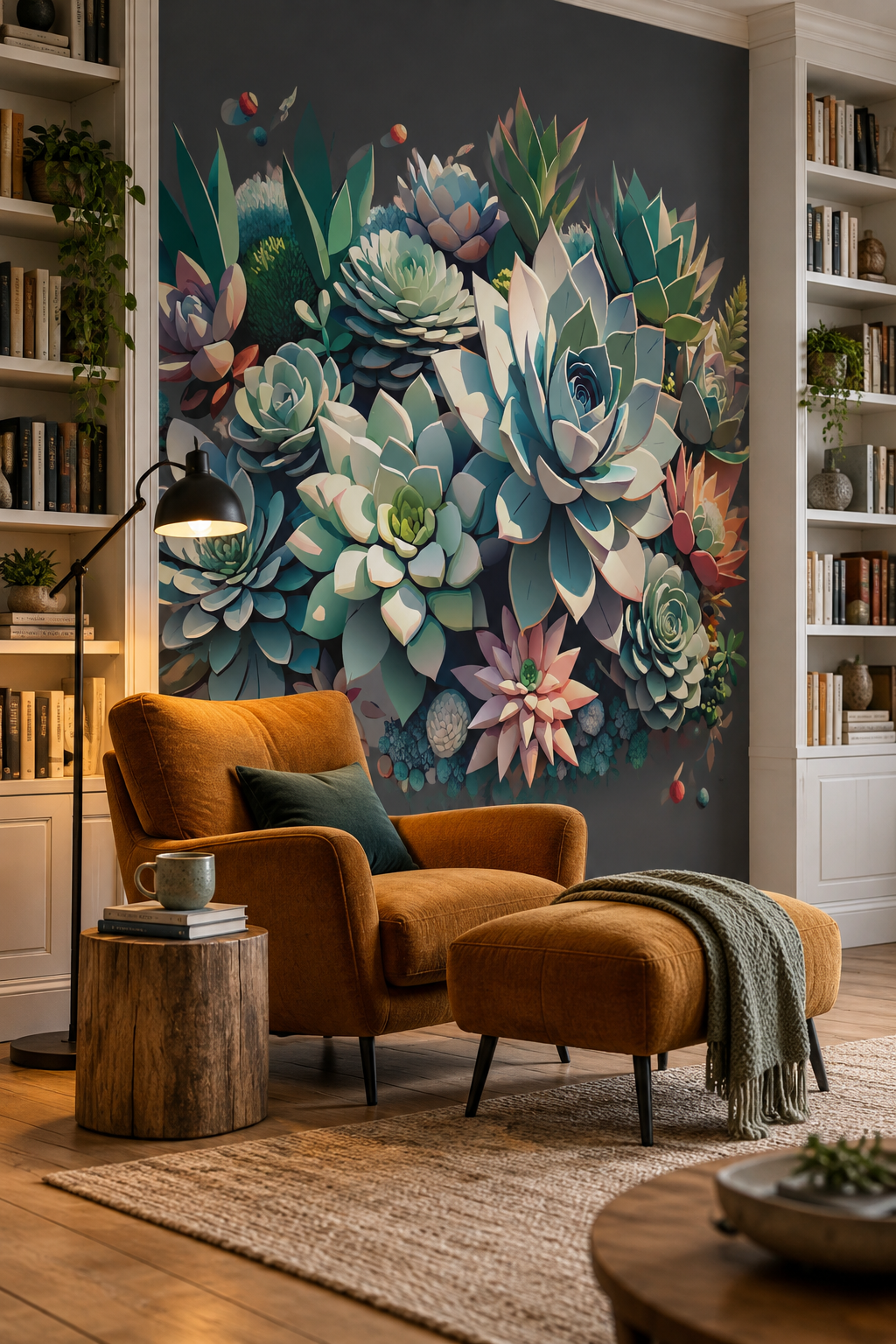 Succulentes en relief, papier peint panoramique dans un salon : visuel d'ambiance illustratif