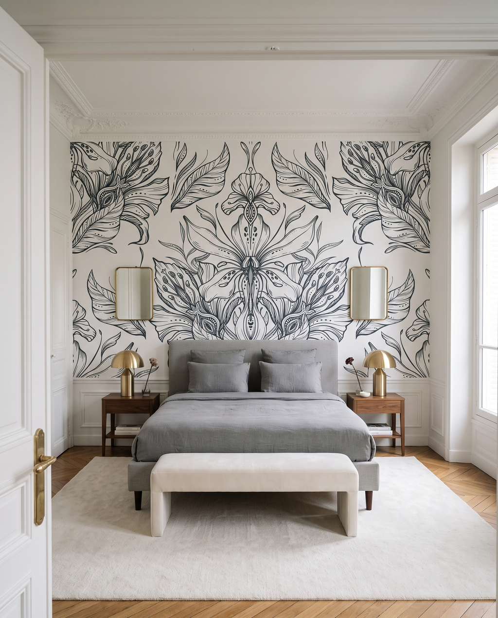 Symétrie florale, papier peint panoramique dans une chambre : visuel d'ambiance illustratif