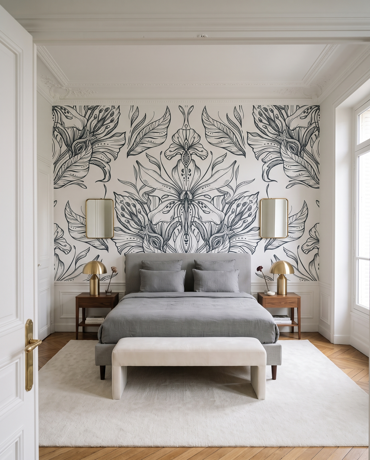 Symétrie florale, papier peint panoramique dans une chambre : visuel d'ambiance illustratif
