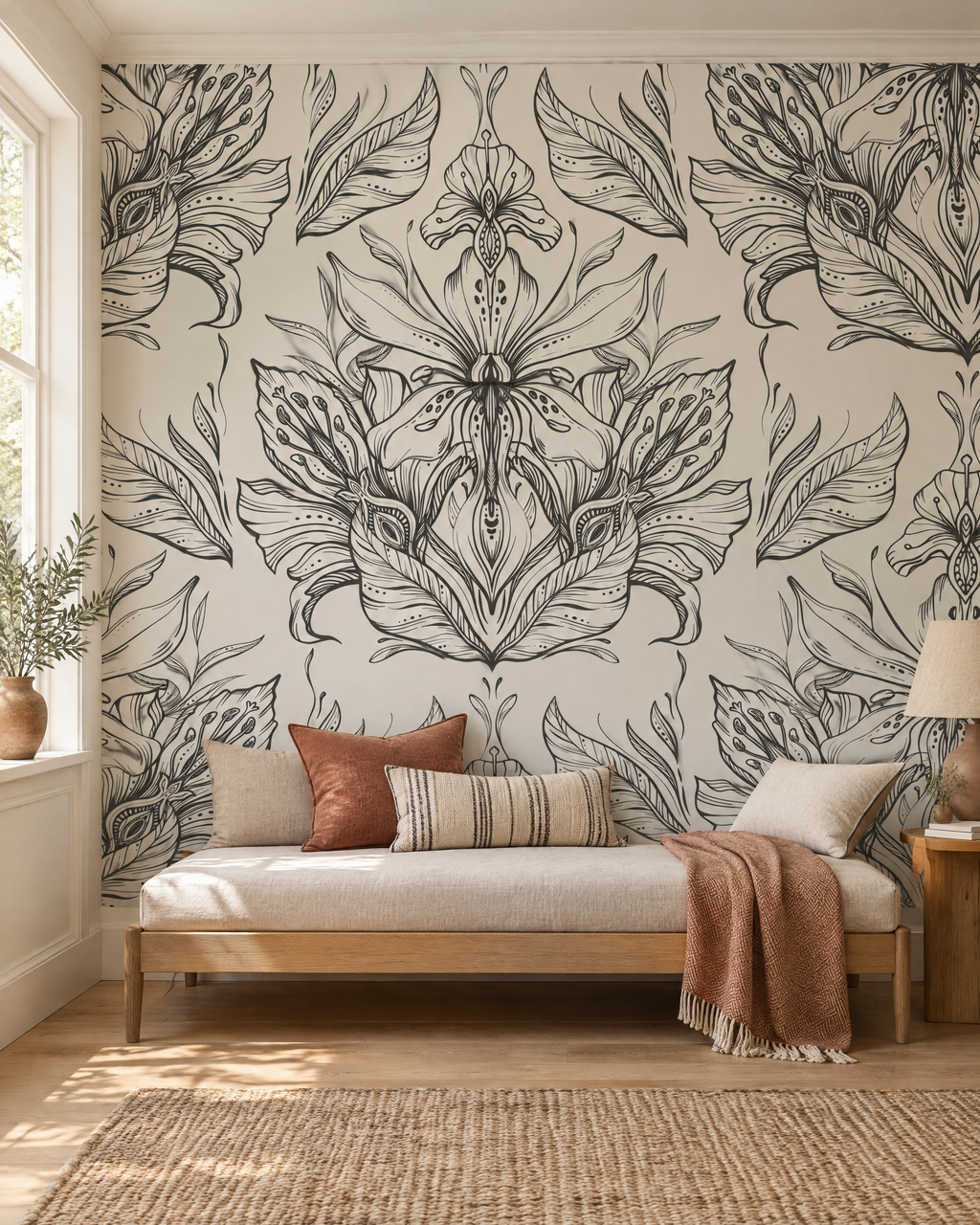 Symétrie florale, papier peint panoramique dans une chambre : visuel d'ambiance illustratif