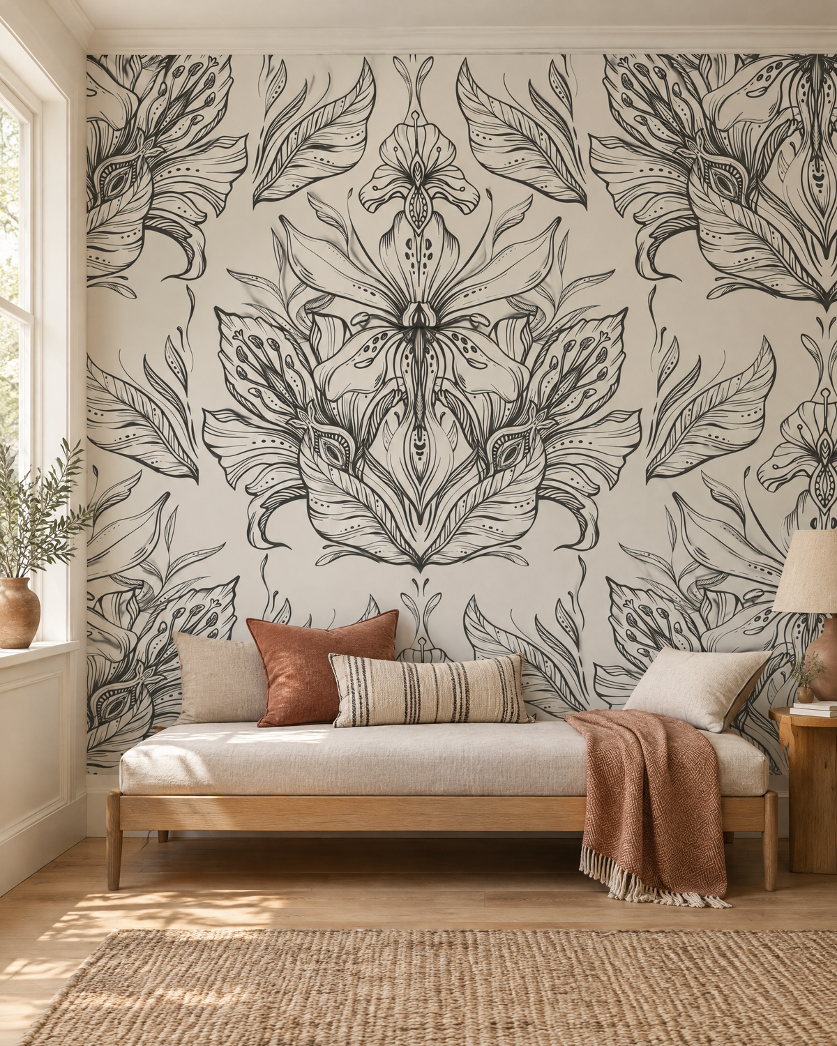 Symétrie florale, papier peint panoramique dans une chambre : visuel d'ambiance illustratif