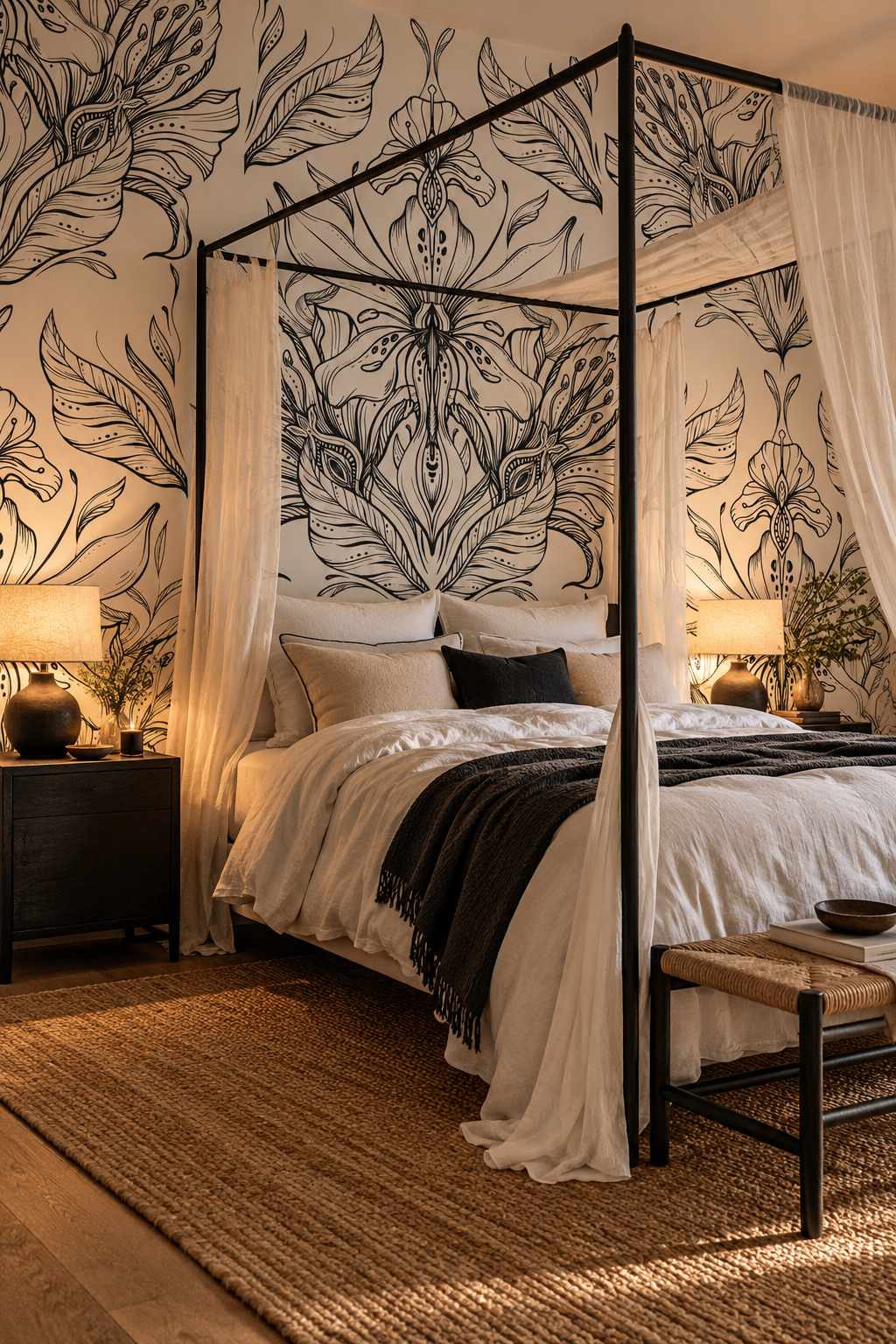 Symétrie florale, papier peint panoramique dans une chambre : visuel d'ambiance illustratif