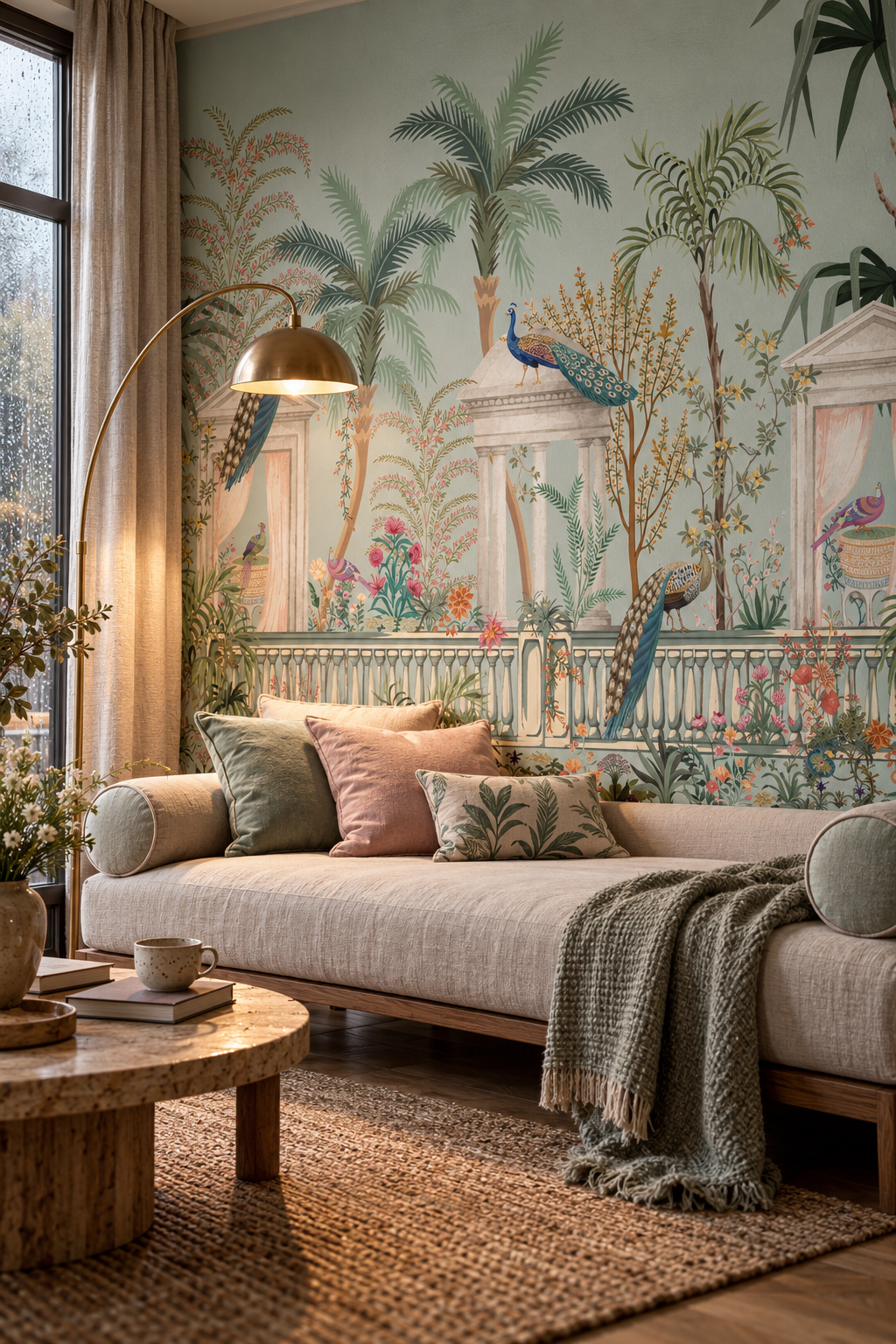Terrasse aux paons, papier peint panoramique dans un salon : visuel d'ambiance illustratif