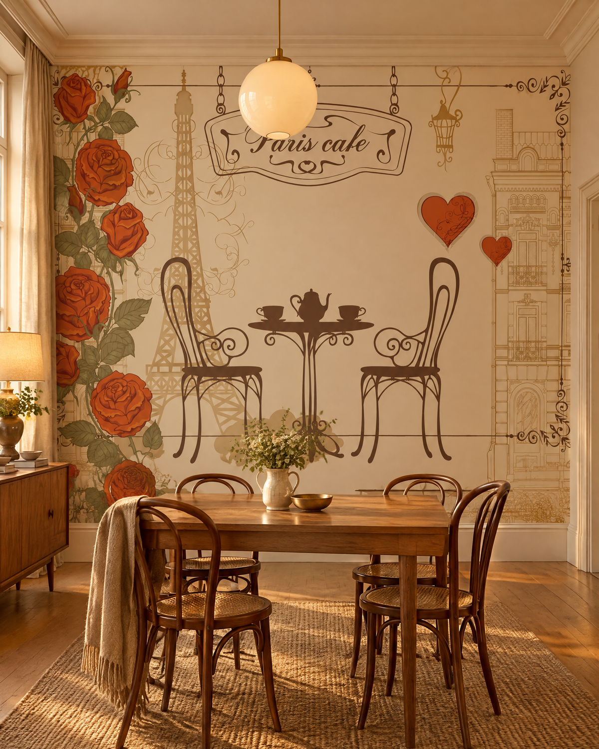 Terrasse parisienne, papier peint panoramique dans une salle à manger : visuel d'ambiance illustratif