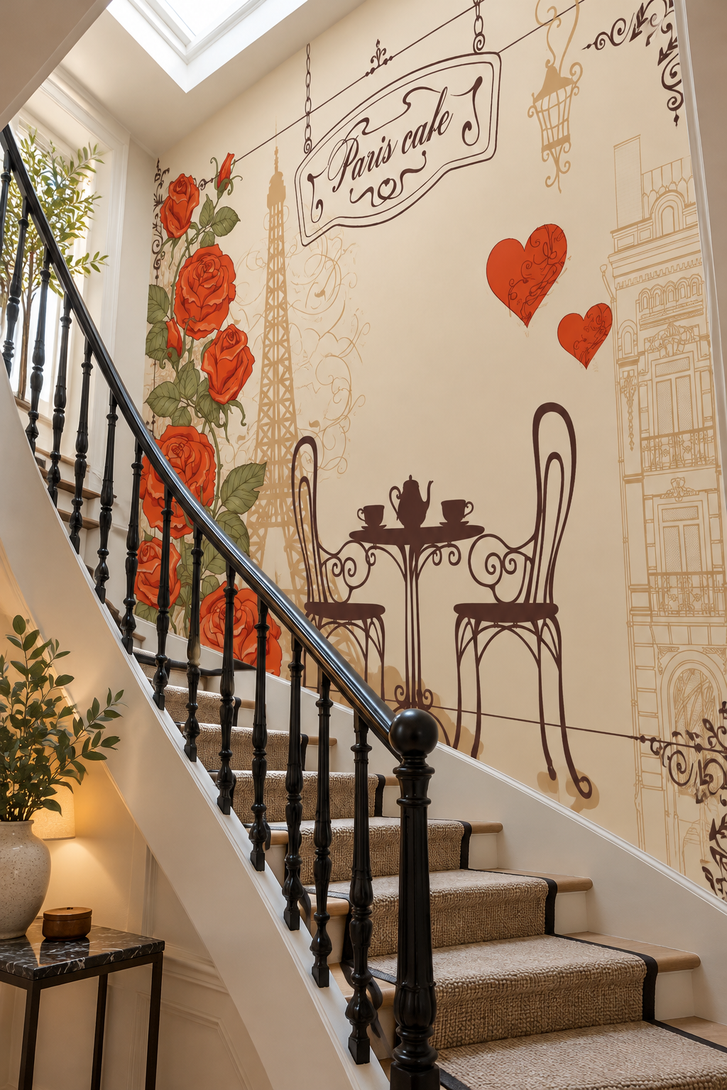 Terrasse parisienne, papier peint panoramique dans une cage d'escalier : visuel d'ambiance illustratif