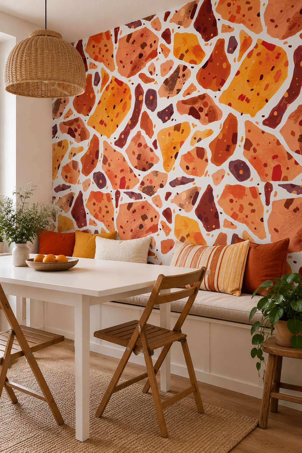 Terrazzo ambré, papier peint panoramique dans une salle à manger : visuel d'ambiance illustratif
