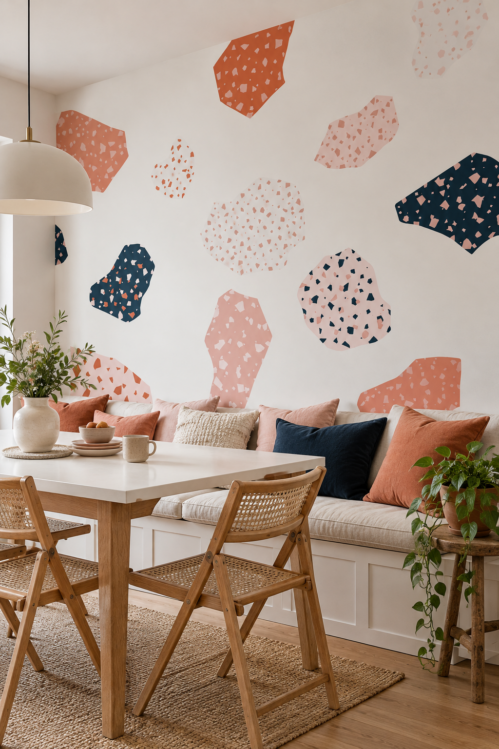 Terrazzo rose poudré, papier peint panoramique dans une salle à manger : visuel d'ambiance illustratif